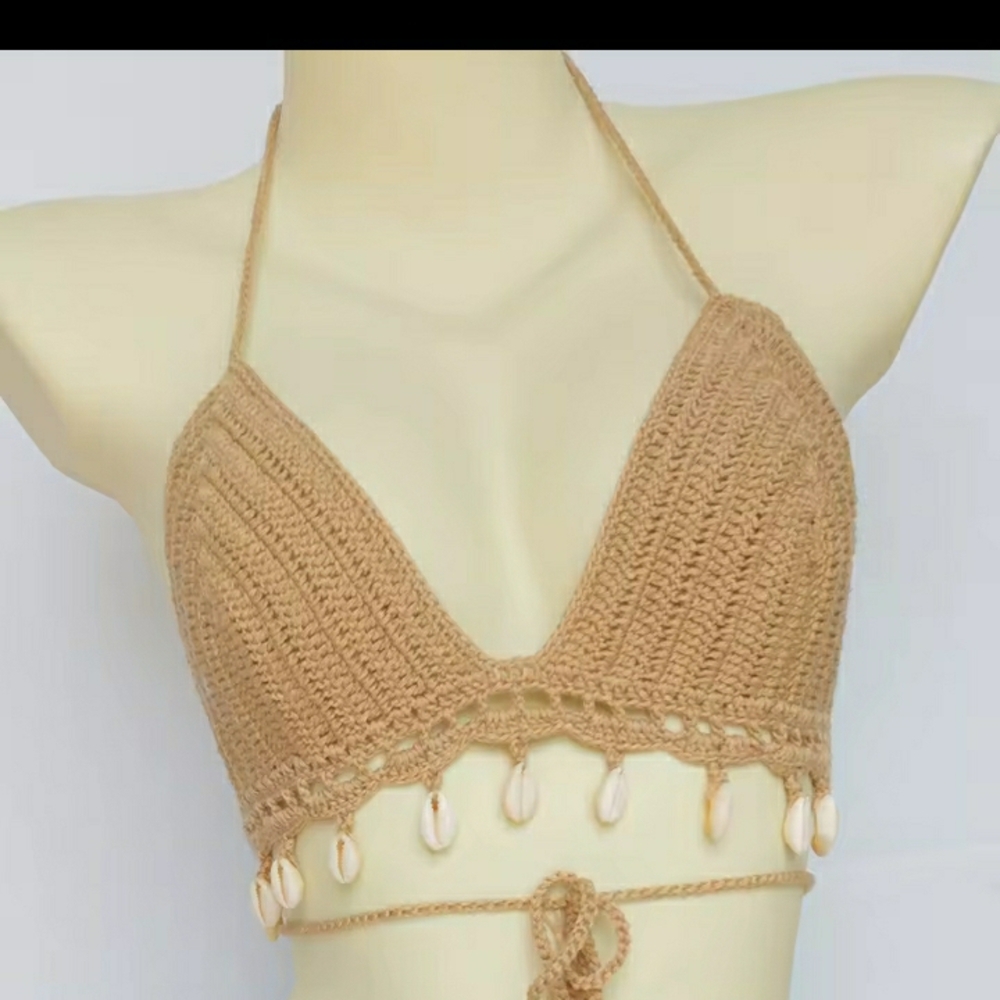 New Beige Women's Bikini Top Handmade Black Crochet Shell Tassel Bikini size L